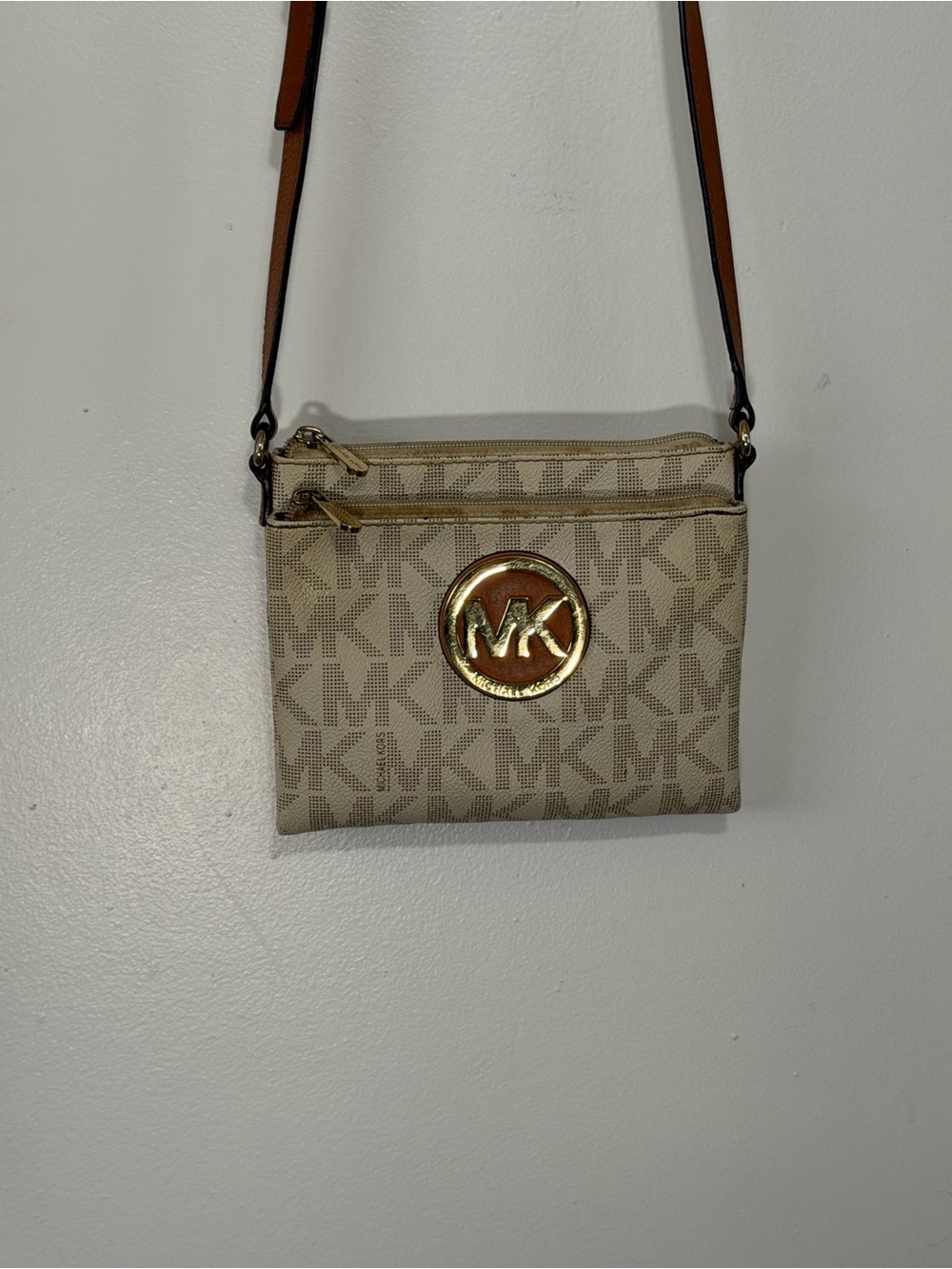 Michael Kors Beige/Tan MK Logo Crossbody with Gold Medallion